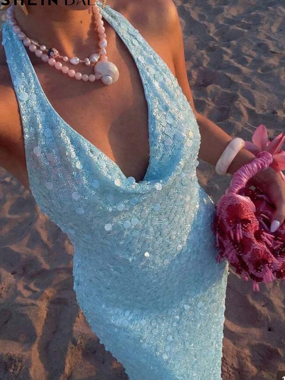 Light Blue Sequin Strapless Halter Cowl Dress (NEVER WORN)